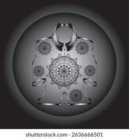 Vector digital illustration featuring a black and white mandala design on an ethnic or contemporary style garment. This symmetrical composition gives an elegant and artistic impression.