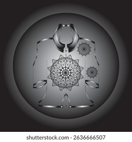 Vector digital illustration featuring a black and white mandala design on an ethnic or contemporary style garment. This symmetrical composition gives an elegant and artistic impression.