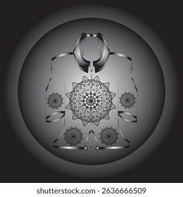 Vector digital illustration featuring a black and white mandala design on an ethnic or contemporary style garment. This symmetrical composition gives an elegant and artistic impression.
