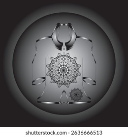 Vector digital illustration featuring a black and white mandala design on an ethnic or contemporary style garment. This symmetrical composition gives an elegant and artistic impression.