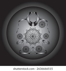 Vector digital illustration featuring a black and white mandala design on an ethnic or contemporary style garment. This symmetrical composition gives an elegant and artistic impression.