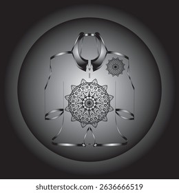 Vector digital illustration featuring a black and white mandala design on an ethnic or contemporary style garment. This symmetrical composition gives an elegant and artistic impression.