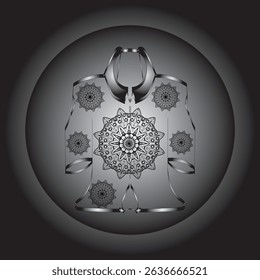 Vector digital illustration featuring a black and white mandala design on an ethnic or contemporary style garment. This symmetrical composition gives an elegant and artistic impression.