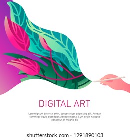vector digital illustration floral background hand drawing with a pencil. Hand holding pencil stylus pen for graphic tablet. training designers to draw on the tablet