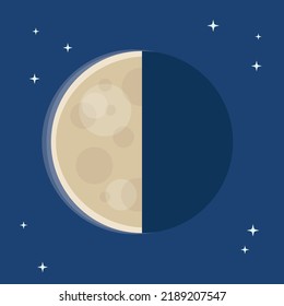 Vector digital illustration of a glowing half of the moon, sattelite of Earth planet, in the night sky background for arts, postcards, websites, astronomical books etc.