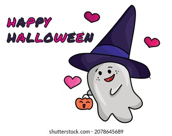 Vector digital illustration for Halloween: cute small ghost with a pumpkin