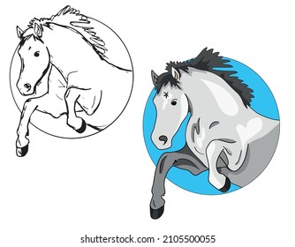 Vector digital illustration: Horse avatar head colorful and lineart set, ideal for coloring book
