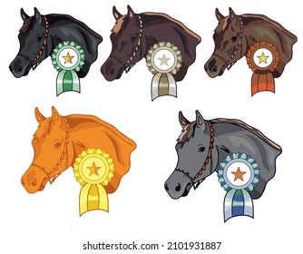 Vector digital illustration: Horse competition avatar head colorful set