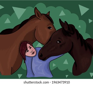 Vector digital illustration: Horse friends, fully colored illustration to children's book