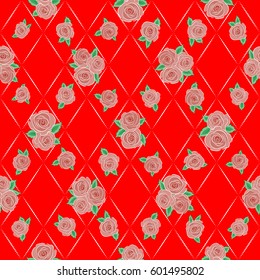 Vector digital illustration with nature elements. Seamless beautiful floral background with pretty rose flowers. Colorful print with floral composition in vintage style on a red.