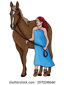 Ilustración digital vectorial, lista para imprimir: Una chica y su yegua de castaño
