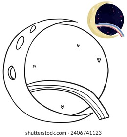 Ilustración digital vectorial lista para imprimir: escena de cuento de hadas de lineart ideal para niños página de color, luna dibujada a mano y cielo con corazones y arcoiris mágico