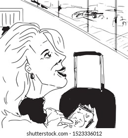 vector digital illustration of a smiling middle-aged blonde with smartphone waiting for her flight in the airport.