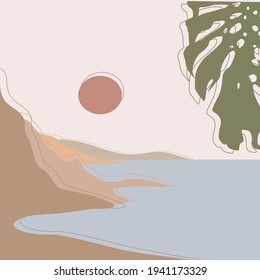 Vector digital illustration of sunset in mountains. Mountains and tropic landscape. Modern flat illustration poster in pastel colors. Nature. Monstera leaves. 