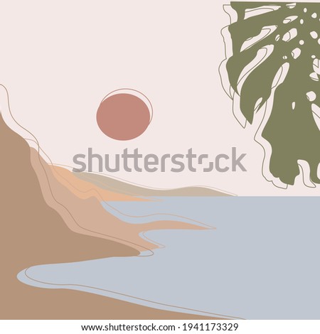 Vector digital illustration of sunset in mountains. Mountains and tropic landscape. Modern flat illustration poster in pastel colors. Nature. Monstera leaves. 