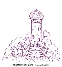 vector digital illustration of a sweet miracle tower made with lollipops and waffles, augmented with stylized  bushes.