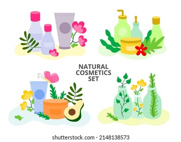 Vector digital image. Set of natural cosmetics, plant, herbs, flowers, shampoo, cream, soap. Organic eps design template for web banner, poster, card, label, advertising, product packaging  