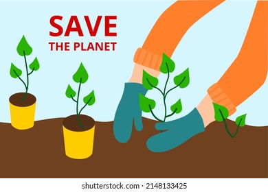 Vector digital image of silhouette person's hands in gardening gloves. Tree. Seedling. Planting plants, landscaping, gardening. Save the planet.Horizontal web banner, poster, card 