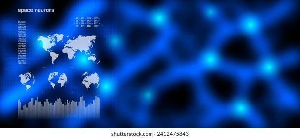 Vector digital infographics. Planet Earth in four projections. Turbid cosmic blue nebula or brain neurons. Screen grid. Glow background or dark wallpaper. Unexplored spaces. Wide science banner.
