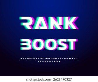 Vetor Digital logotipo Rank Boost. Fonte de falha brilhante. Letras e Números do Alfabeto Tecno Futuristic definidos.