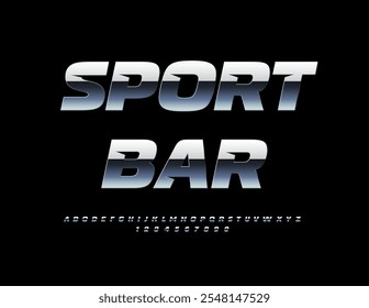 Vector digital logo Sport Bar. Unique Silver Font. Reflective Metallic Alphabet Letters and Numbers set.