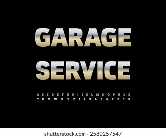 Vector Digital logotype Garage Service. Stainless Steel Font. Silver Uppercase Alphabet Letters and Numbers.