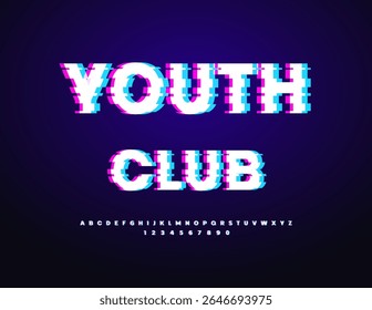 Vector Digital logotype Youth Club. Broken Uppercase Font. Glitched Pixels Alphabet Letters and Numbers set.
