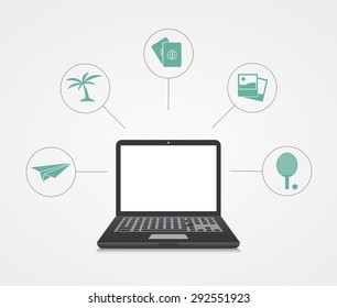 Vector digital marketing background. Laptop with sample icons