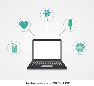 Vector digital marketing background. Laptop with sample icons