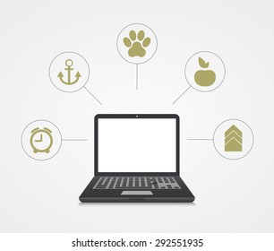 Vector digital marketing background. Laptop with sample icons