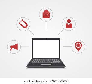 Vector digital marketing background. Laptop with sample icons