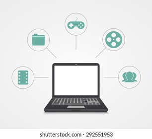 Vector digital marketing background. Laptop with sample icons