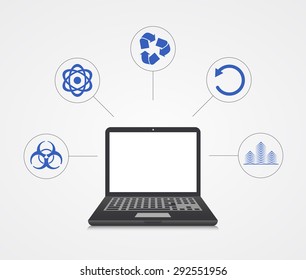 Vector digital marketing background. Laptop with sample icons