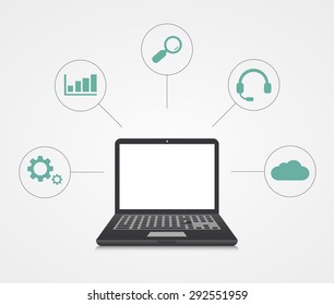 Vector digital marketing background. Laptop with sample icons