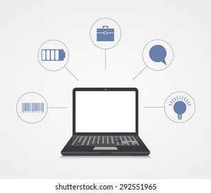 Vector digital marketing background. Laptop with sample icons
