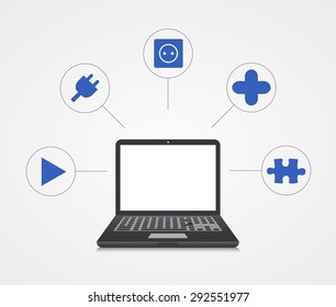Vector digital marketing background. Laptop with sample icons