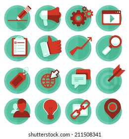 Vector digital marketing icons in flat style - round badges with technology signs and symbols