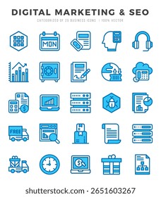 Vector Digital Marketing and SEO types icon set in Two Color style. vector illustration.