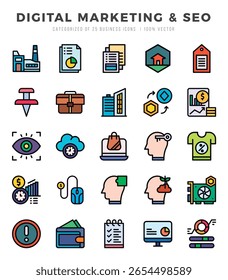 Vetor Digital Marketing e tipos de SEO ícone definido em Lineal Color style. ilustração vetorial.