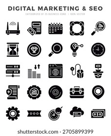 Vector Digital Marketing and SEO types icon set in Glyph style. vector illustration.