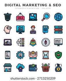 Vector Digital Marketing und SEO-Typen-Symbol im linearen Farbstil. Vektorgrafik.