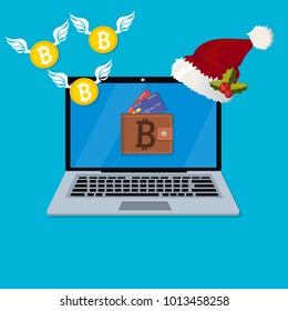 vector digital mobile wallet vector concept. laptop screen with bitcoin wallet and credit cards. Internet banking or wireless money transfer concept