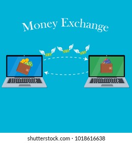 vector digital mobile wallet vector concept. Laptop screen with wallet coins and banknotes. Internet banking or wireless money transfer concept. Money exchange