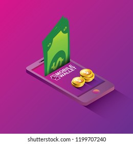 vector digital mobile wallet vector concept icon. smartphone screen with money on screen. vector Internet banking concept. wireless money transfer.