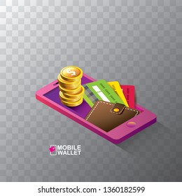 vector digital mobile wallet vector concept icon isolated on transparent background. smartphone screen with money on screen. vector Internet banking concept. wireless money transfer. 