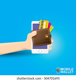 vector digital mobile wallet vector concept icon. smartphone screen with wallet and credit cards on screen. Internet banking concept. wireless money transfer.