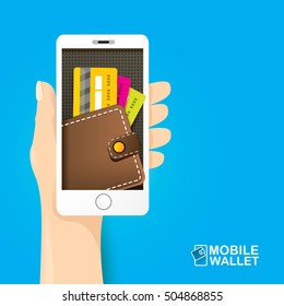 vector digital mobile wallet vector concept icon. smartphone screen with wallet and credit cards on screen. Internet banking concept. wireless money transfer.