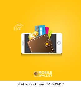 vector digital mobile wallet vector concept icon. smartphone screen with wallet and credit cards on screen. Internet banking concept. wireless money transfer.