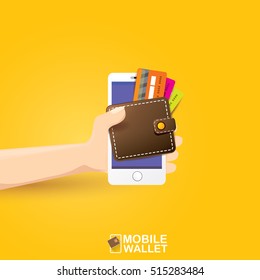 vector digital mobile wallet vector concept icon. smartphone screen with wallet and credit cards on screen. Internet banking concept. wireless money transfer.