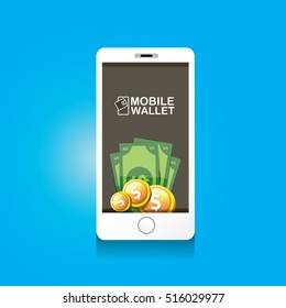 vector digital mobile wallet vector concept icon. smartphone screen with wallet and credit cards on screen. Internet banking concept. wireless money transfer.